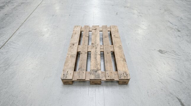 Wooden shipping pallet resting on a concrete floor in a warehouse.