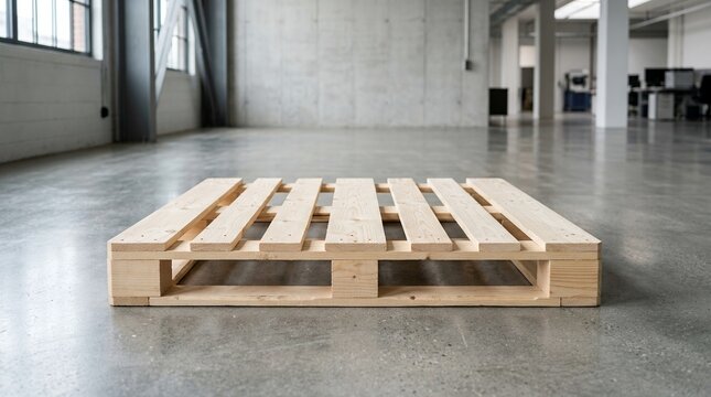 Wooden shipping pallet resting on a concrete floor in an empty industrial warehouse space.