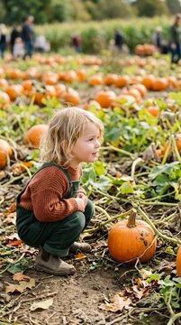 Young child crouching in a pumpkin patch during autumn harvest season.