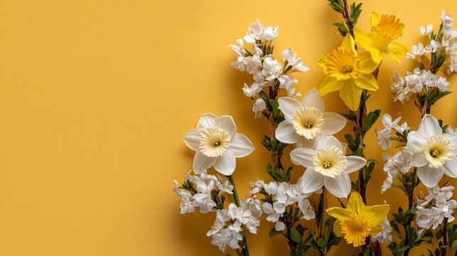 White and yellow spring flowers on bright yellow background
