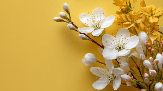 White and yellow spring flowers on bright yellow background
