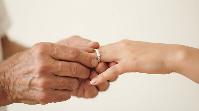 An elderly man gently places a wedding ring onto a woman's finger during a heartwarming commitment ceremony