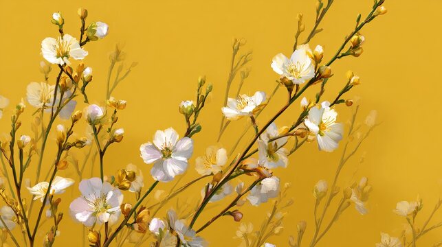 White and yellow spring flowers on bright yellow background
