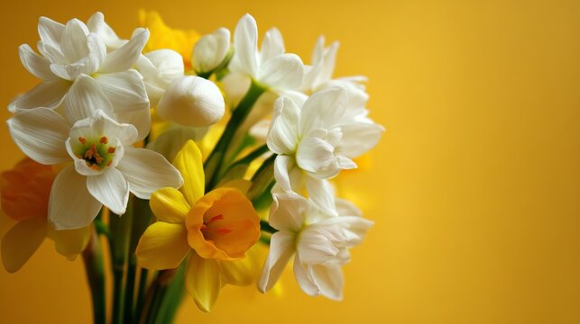 White and yellow spring flowers on bright yellow background
