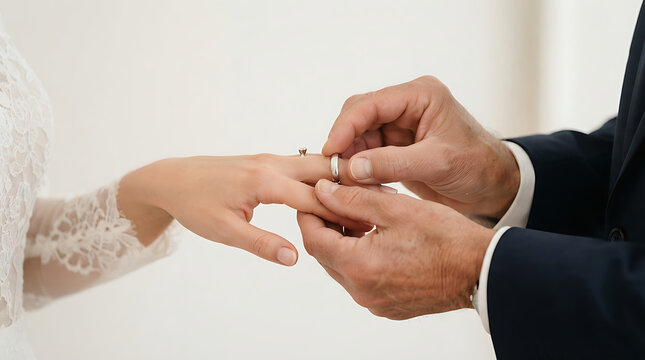 Close-up of a groom putting a wedding ring on the bride's finger during a marriage ceremony