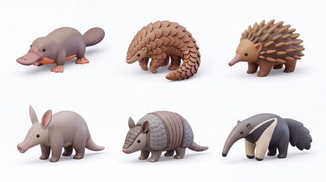Set of Six Cute Cartoon Animal Toys Featuring Mole Armadillo Hedgehog Pig Elephant and Armadillo on White Background