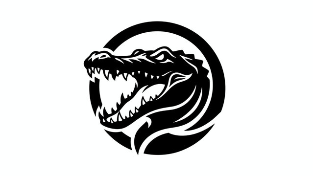 A fierce black and white illustration of an alligator's head with its mouth open.