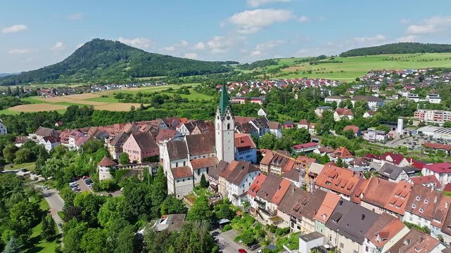 Aerial view of the town of Engen in Hegau with the historic old town, district of Constance, Baden-W&uuml;rttemberg, Germany