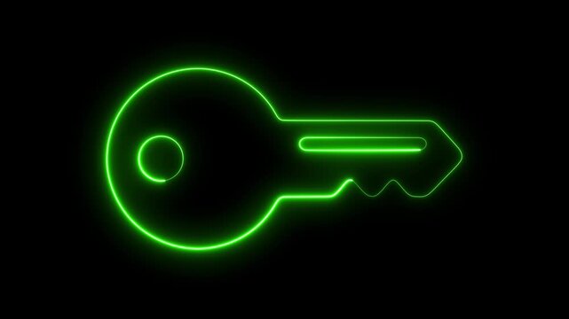 Neon green glowing key animation on black background, for digital security, and access concepts