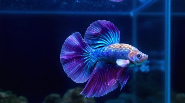 Colorful betta splendens fish swimming in a glass aquarium tank