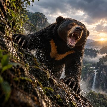 Close-Up of Roaring Black Bear Attack on Rocky Ground
