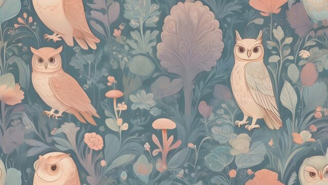 Seamless whimsical pastel pattern with cute owls, forest leaves, and botanical elements in soft muted colors, nature illustration background