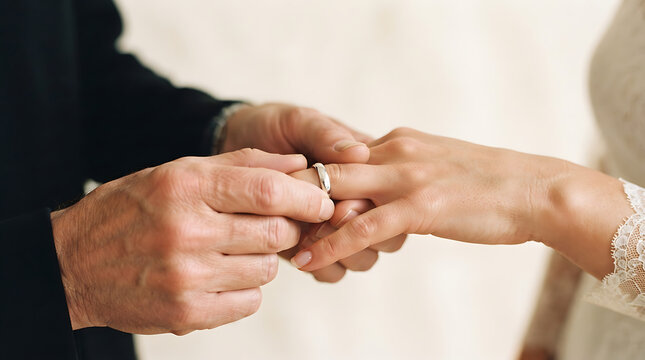 Groom Placing Wedding Ring on Bride Finger During Romantic Marriage Ceremony Celebration
