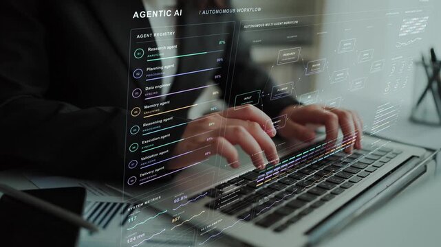 Parallel AI workstreams connect planning, task routing and execution, with synchronization and validation before results move toward delivery.