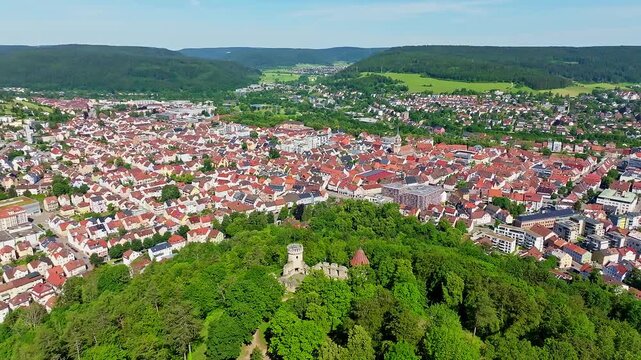 Aerial view of the town of Tuttlingen, in the foreground the Honburg castle ruins on the Honberg, district of Tuttlingen, Black Forest, Baar, Heuberg, Baden-W&uuml;rttemberg, Germany