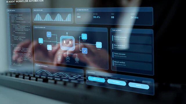 A person types on a keyboard. Planning code accompanies an AI task sequence that gathers context, invokes tools and checks outcomes before completing the requested operation.