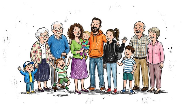 Multi generational family and community group standing together sketch