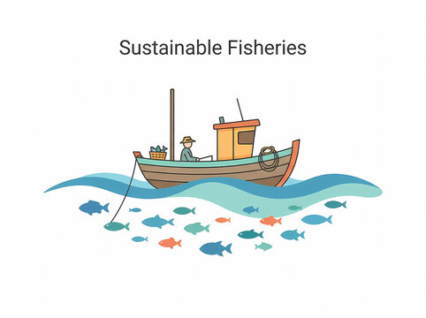 Flat vector illustration depicts lone fisherman small boat practicing sustainable fisheries concept, abundant fish below, eco-friendly awareness campaign graphic.