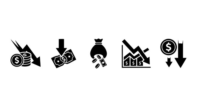 Financial Decline Icons: Money Loss, Downward Trends, Economic Crisis, Budget Cuts, Investment Risk