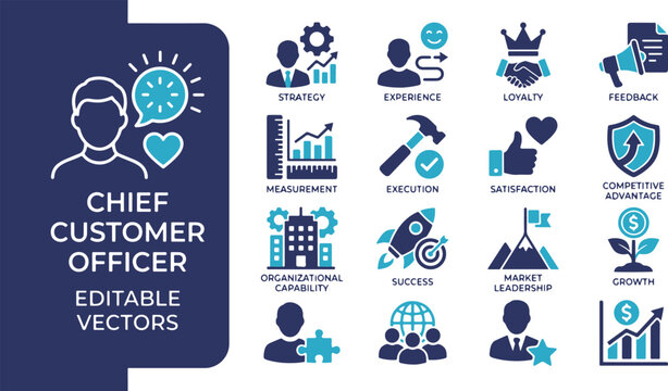 Chief Customer Officer, Customer Experience, and Brand Loyalty Flat Vector Icon Set.