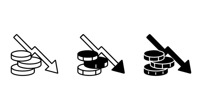 Financial Loss Icons: Falling Coins, Downward Arrow, Economic Decline Vector Set