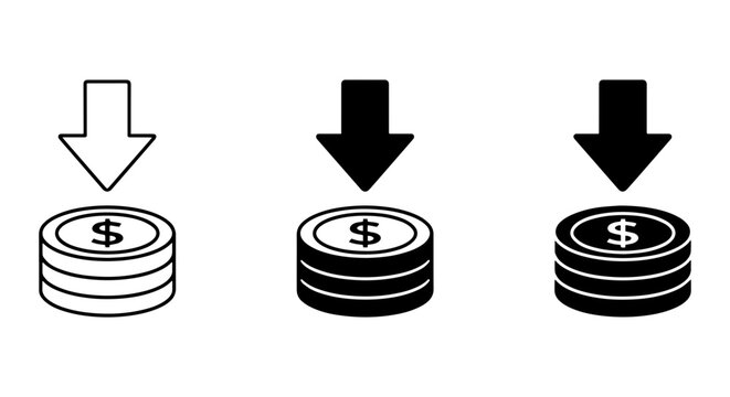 Money Down Icons, Coin Stack Arrows, Financial Decrease Vector Set