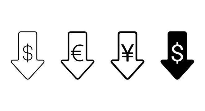 Currency Down Arrows: Dollar, Euro, Yen Icons Symbolizing Financial Decline, Economic Recession, Market Crash