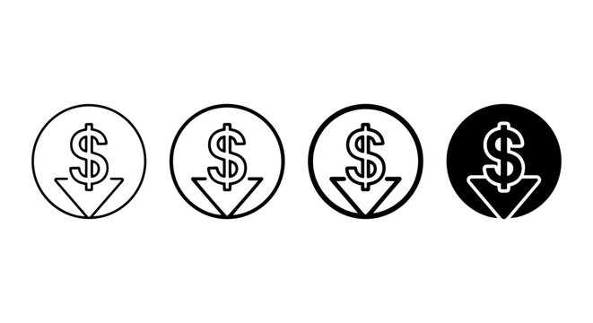 Dollar Sign Down Icons, Price Drop Vector Set, Financial Decrease Symbols, Cost Reduction Graphics