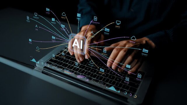 AI specialist works on a laptop. An AI document workflow connects source records with agents, reviewers and knowledge stores, linking contextual information to planning and validated outputs.