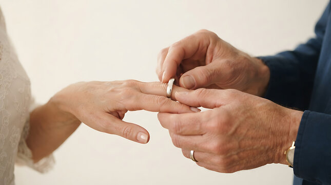 Groom placing a wedding ring on bride's finger during traditional marriage ceremony celebration of love and commitment