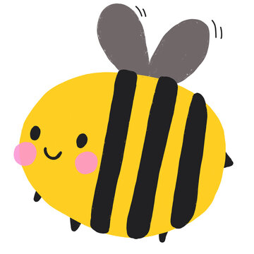 A cute kawaii-style bee character with a happy expression, rosy cheeks, and soft wings, illustrated in bold black and yellow stripes on a plain background. Its friendly design suits children's product