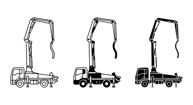 Concrete Pump Truck Vector Icons, Construction Vehicle Set, Industrial Machinery Graphics