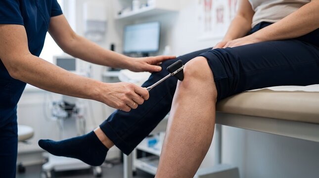Doctor using neurological reflex hammer to examine patient knee during physical medical examination