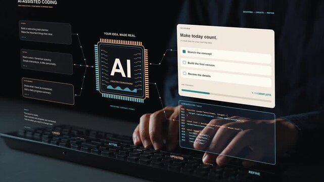 AI specialist works at a keyboard. A planning application serves as an example of conversational software creation, where AI-generated code and interface feedback support continued refinement.