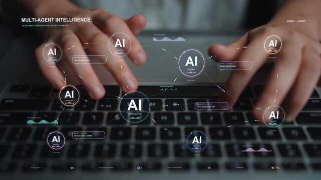 Typing continues. An AI agent network combines discussion, shared memory and consensus, illustrating how separate reasoning processes can contribute to collaborative problem solving.