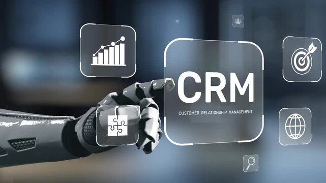 A robotic hand interacts with digital interface icons representing customer relationship management, showcasing innovative technology and effective business solutions. Salient