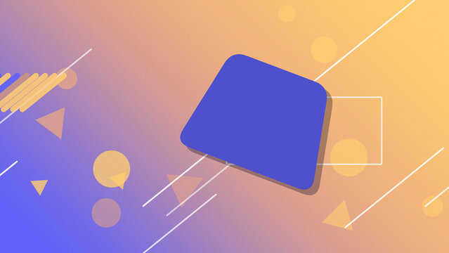 A rich blue rounded rectangle contrasts with a glowing orange and violet field filled with translucent circles and arrows, creating an energetic backdrop for advertising content.