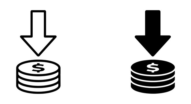Money Down Arrow Icon, Financial Decrease Symbol, Investment Loss Graphic, Currency Decline Vector