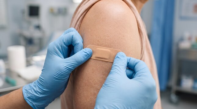 Close-up of nurse in blue gloves applying adhesive bandage on patient arm after vaccination