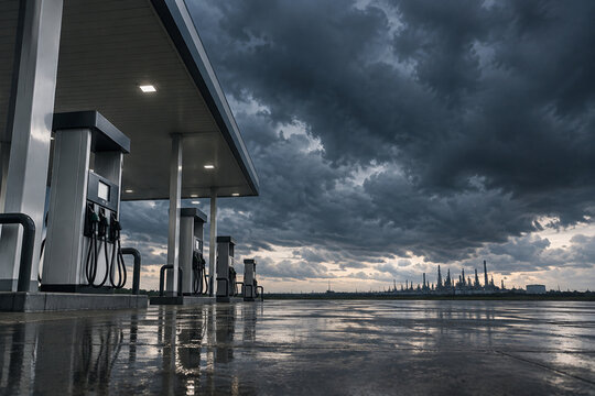 Unbranded fuel pumps under stormy sky with refinery silhouette, energy industry and fuel supply concept