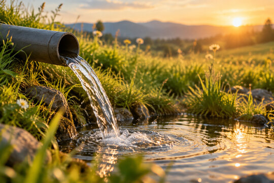 Clear water flowing from a pipe into a reflective pool in a grassy meadow.