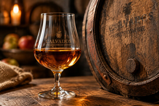 Tulip-shaped glass of amber liquor beside an aged wooden barrel in warm light.