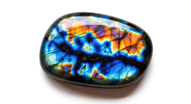 Polished labradorite gemstone displays vibrant blue and orange iridescence on a dark mineral surface, perfectly isolated on a white background, nature, mystical, healing stone