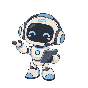 Cute Chibi Customer Service Robot with Headset and Tablet &ndash; Flat Vector Illustration