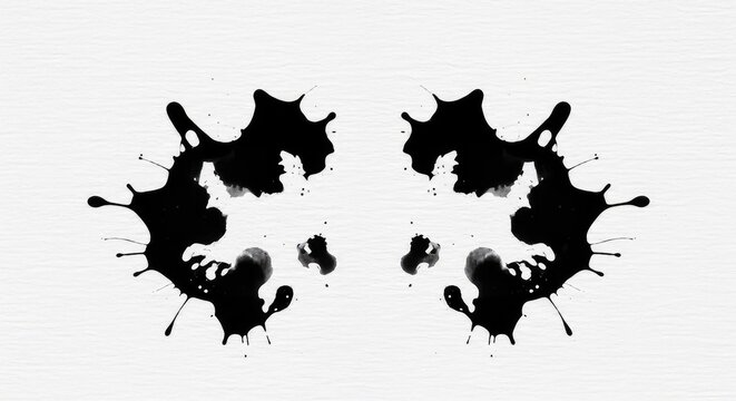 Symmetrical black ink splash on white textured paper creates a unique abstract shape used for psychological evaluation and creative imagery, medical, design, splatter
