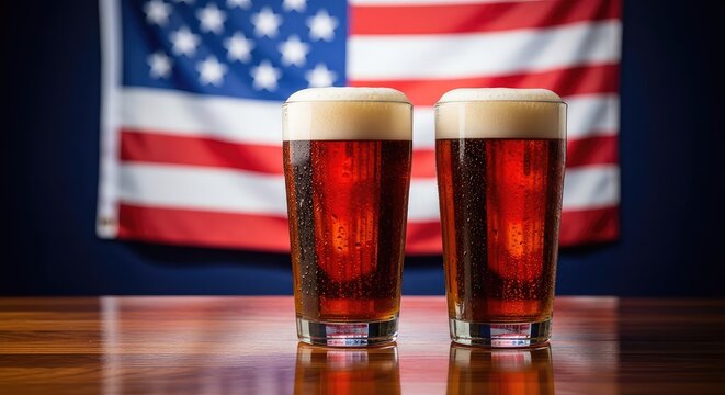 Two chilled glasses of amber ale rest on a dark wood bar counter with a soft focus national flag hanging behind, creating a patriotic air, festive, rustic, flag