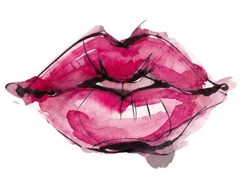 Artistic watercolor painting of pink lips with bold brush strokes