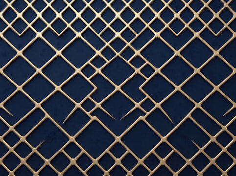 Gold metallic geometric lattice pattern with intersecting diamond shapes on a dark blue background