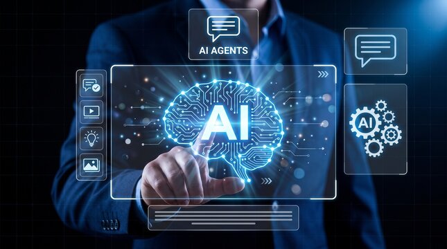 Businessman interacting with ai technology interface with man suit touches virtual ai brain circuit board design artificial intelligence futuristic