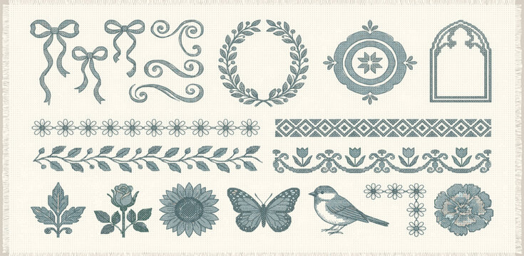 Cross stitch. Embroidery elements. Trendy vintage lace stitched ornate frames, floral borders, coquette bow, handcrafted flower for poster, card design. Vector set